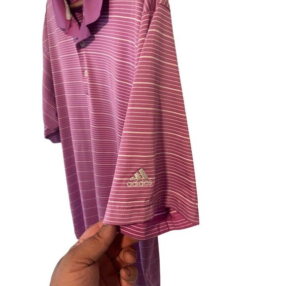 Adidas Mens Polo Golf Shirt Large Fuchsia Striped Short Sleeve ClimaLite - Picture 6 of 9